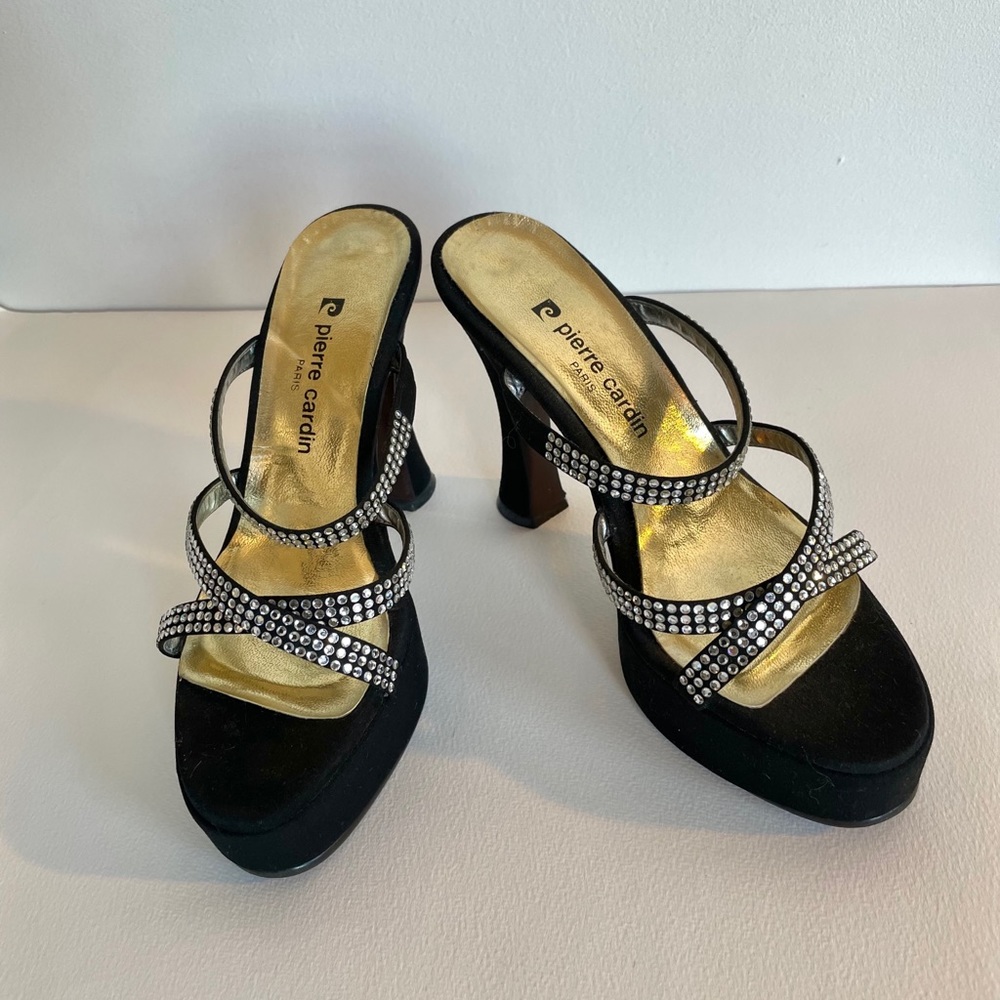 Vtg Pierre Cardin Black Satin Crystal Strap Heels